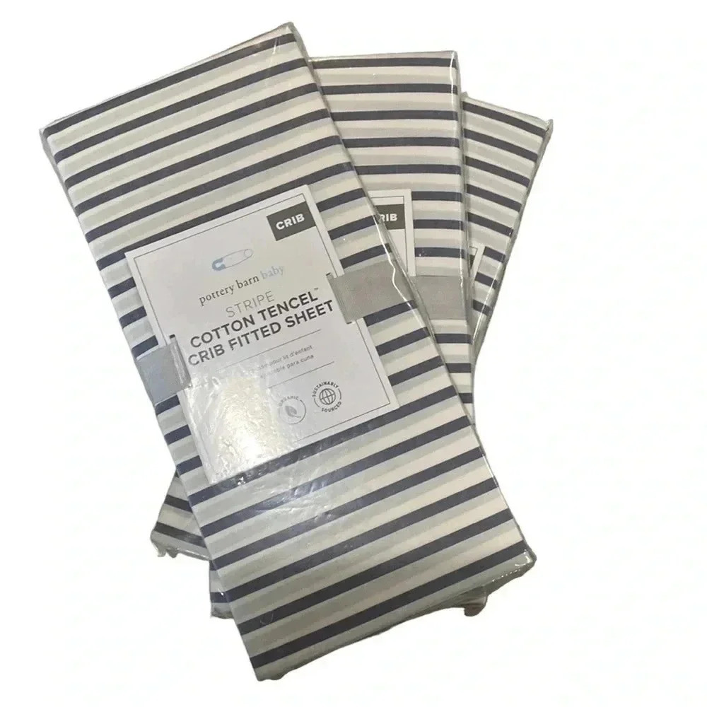 Set of 3 BABY Crib Fitted Sheet- Ocean Blue & White Stripe Cotton Tencel NWT